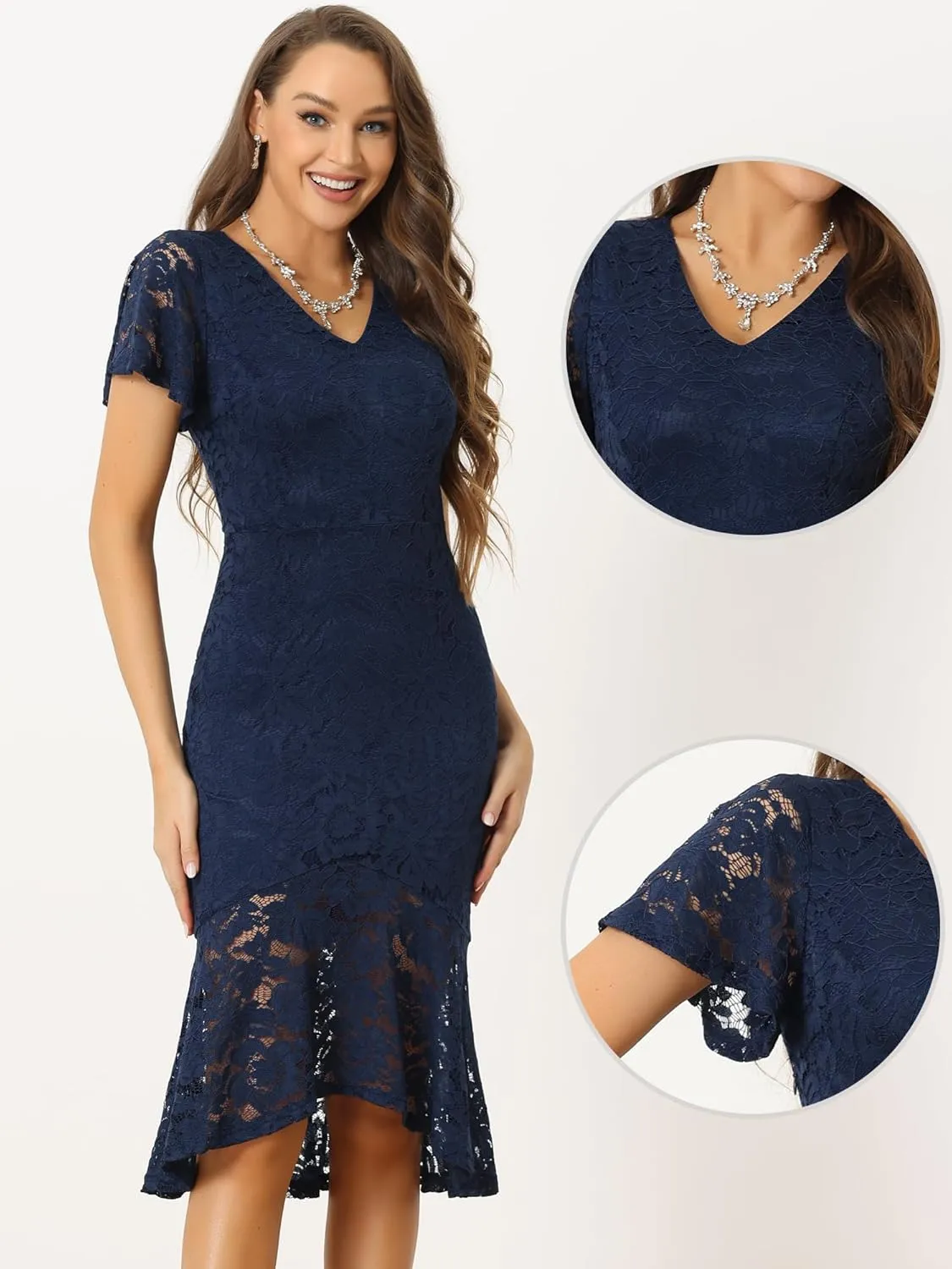 Allegra K Elegant Floral Lace Dresses for Women V Neck Ruffle Short Sleeve Cocktail Mermaid Bodycon Dress