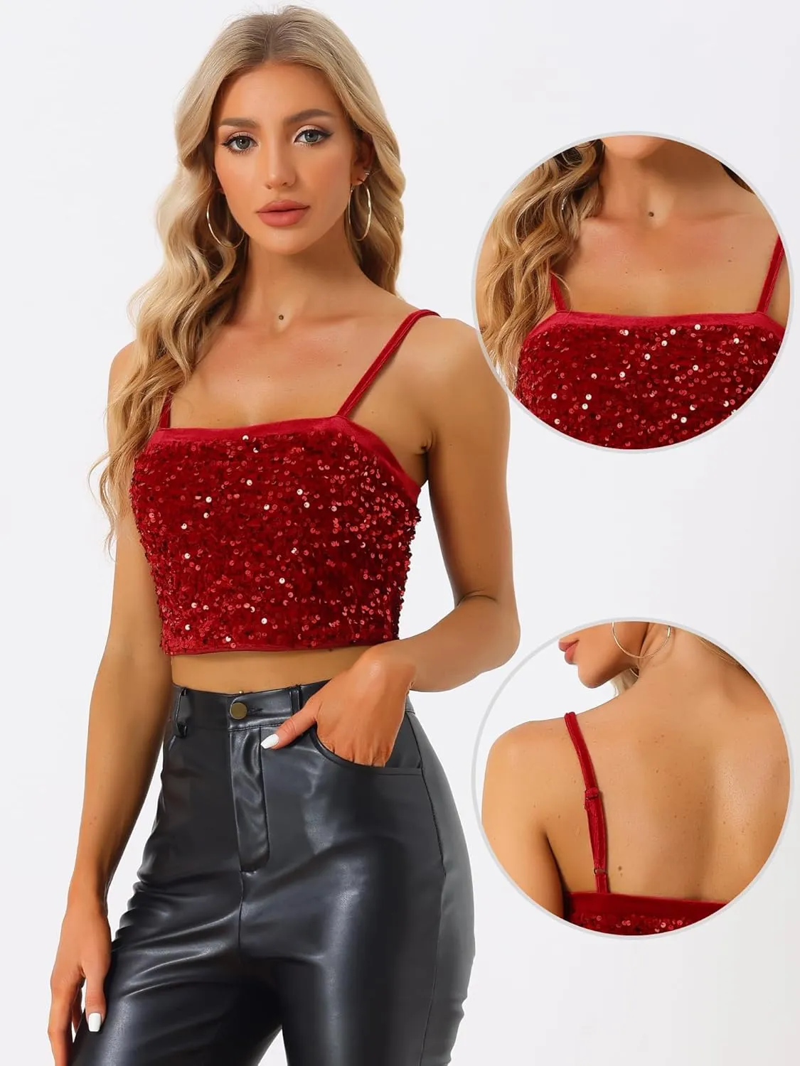 Allegra K Sequined Cami Top for Women's Velvet Spaghetti Strap Club Party Crop Tank Tops