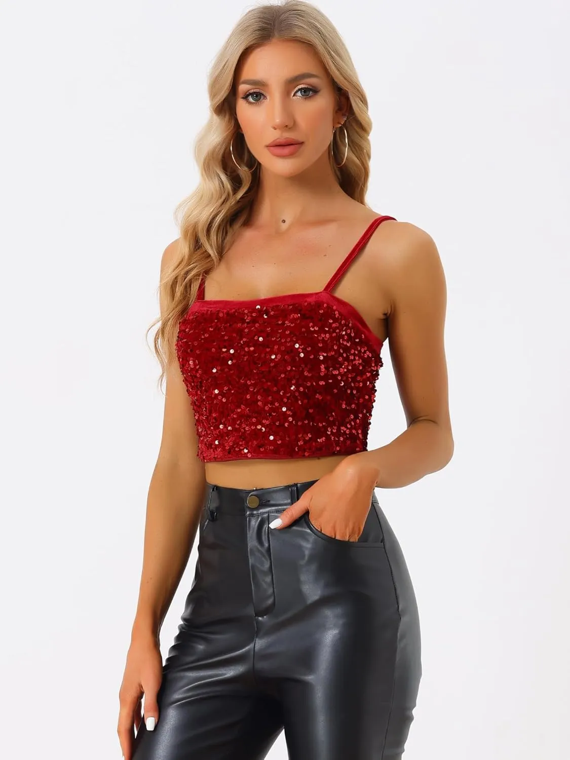 Allegra K Sequined Cami Top for Women's Velvet Spaghetti Strap Club Party Crop Tank Tops