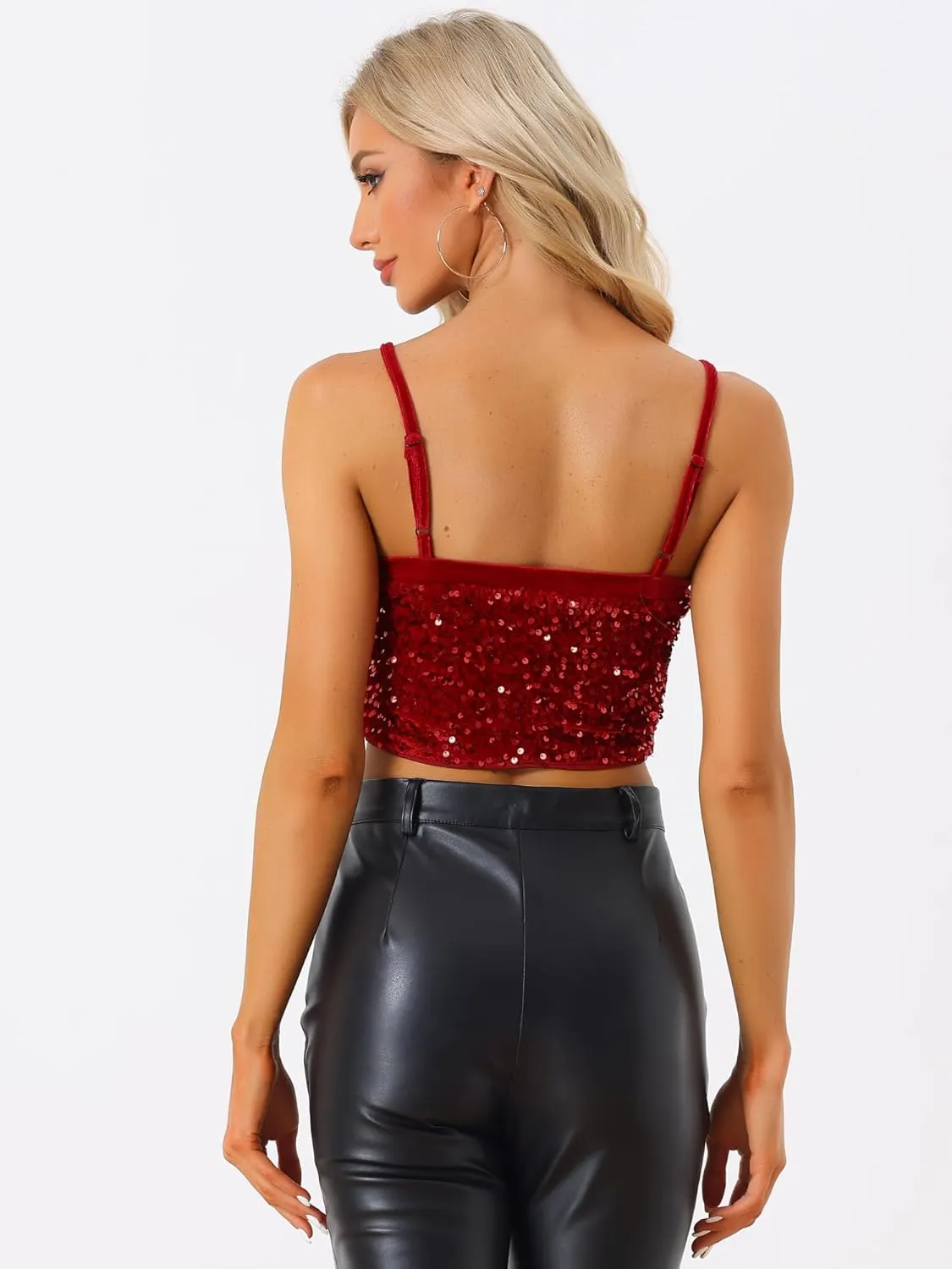 Allegra K Sequined Cami Top for Women's Velvet Spaghetti Strap Club Party Crop Tank Tops