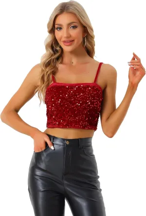 Allegra K Sequined Cami Top for Women's Velvet Spaghetti Strap Club Party Crop Tank Tops