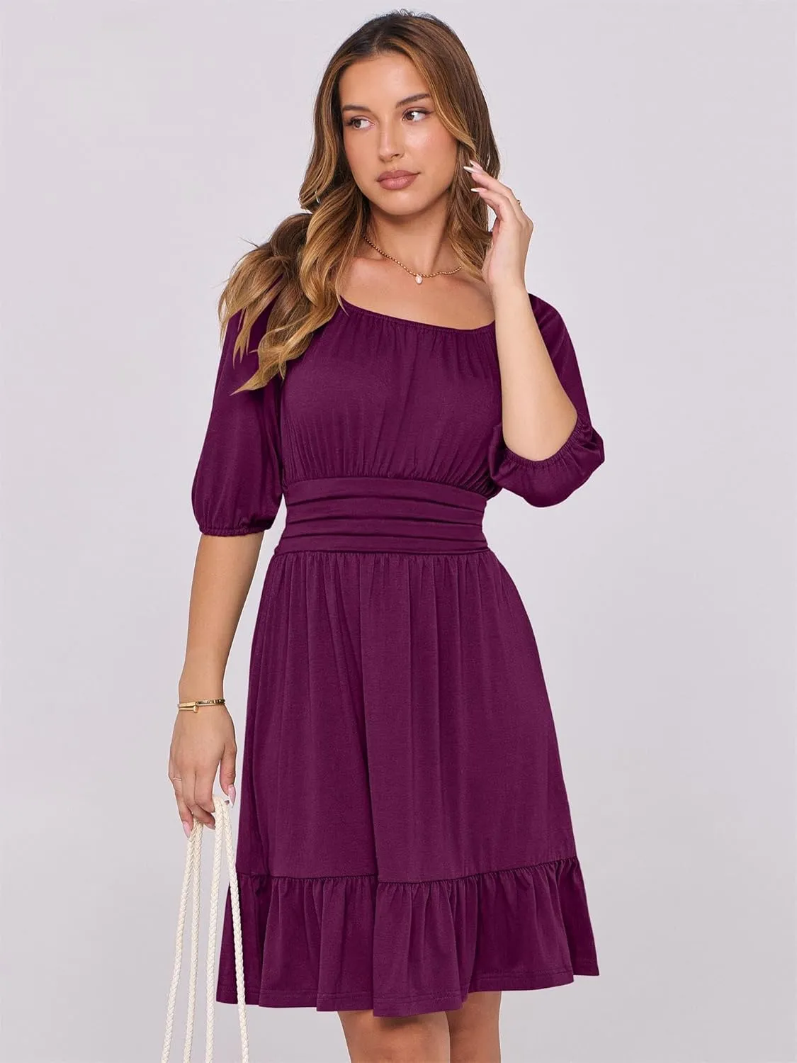 ANRABESS Women Summer Casual Short Lantern Sleeve Square Neck A-Line Flowy Boho Mini Dress 2025 Trendy Beach Travel Clothes