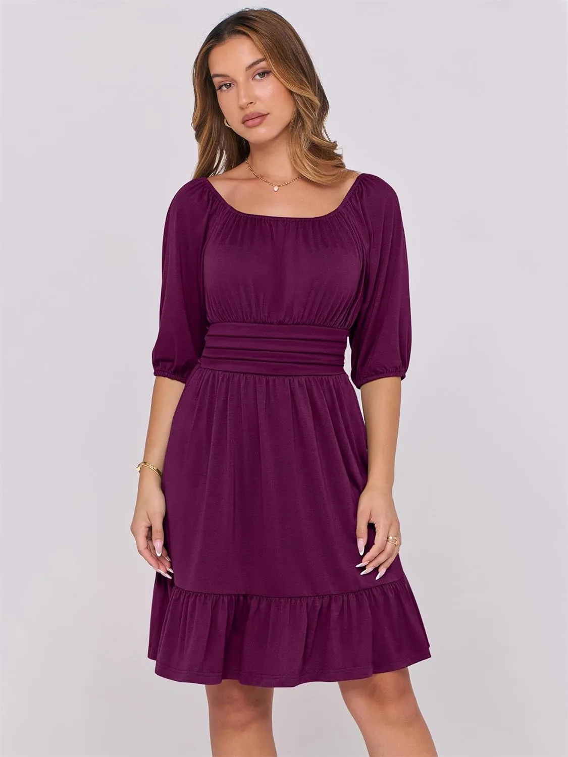 ANRABESS Women Summer Casual Short Lantern Sleeve Square Neck A-Line Flowy Boho Mini Dress 2025 Trendy Beach Travel Clothes