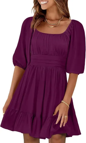 ANRABESS Women Summer Casual Short Lantern Sleeve Square Neck A-Line Flowy Boho Mini Dress 2025 Trendy Beach Travel Clothes