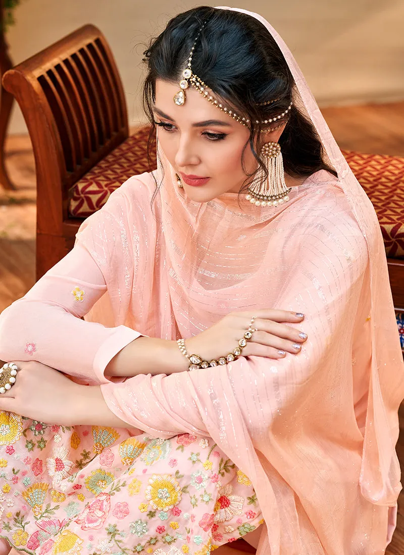 Baby Pink Multi Floral Embroidery Pant Style Suit