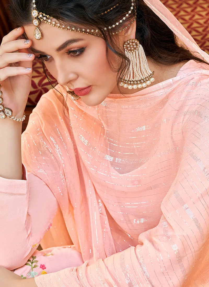 Baby Pink Multi Floral Embroidery Pant Style Suit