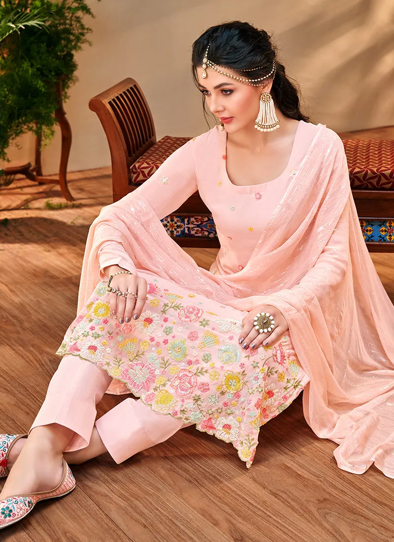 Baby Pink Multi Floral Embroidery Pant Style Suit