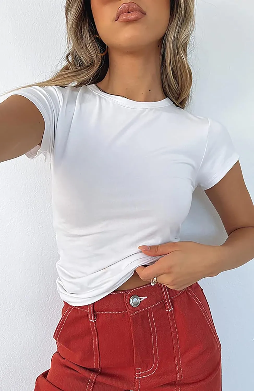 BAIGRAM Womens Basic Slim fit Crop Top Tee Shirt Short Sleeve Workout Round Neck Cropped Tshirt