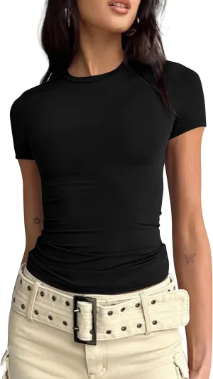 BAIGRAM Womens Basic Slim fit Crop Top Tee Shirt Short Sleeve Workout Round Neck Cropped Tshirt