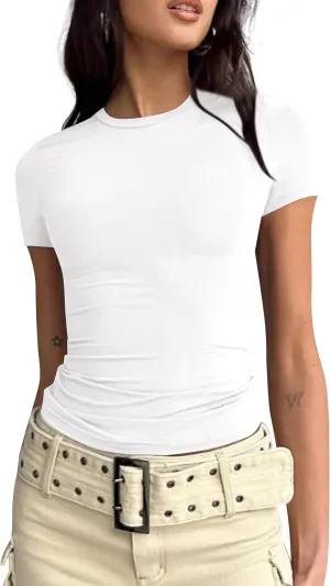 BAIGRAM Womens Basic Slim fit Crop Top Tee Shirt Short Sleeve Workout Round Neck Cropped Tshirt