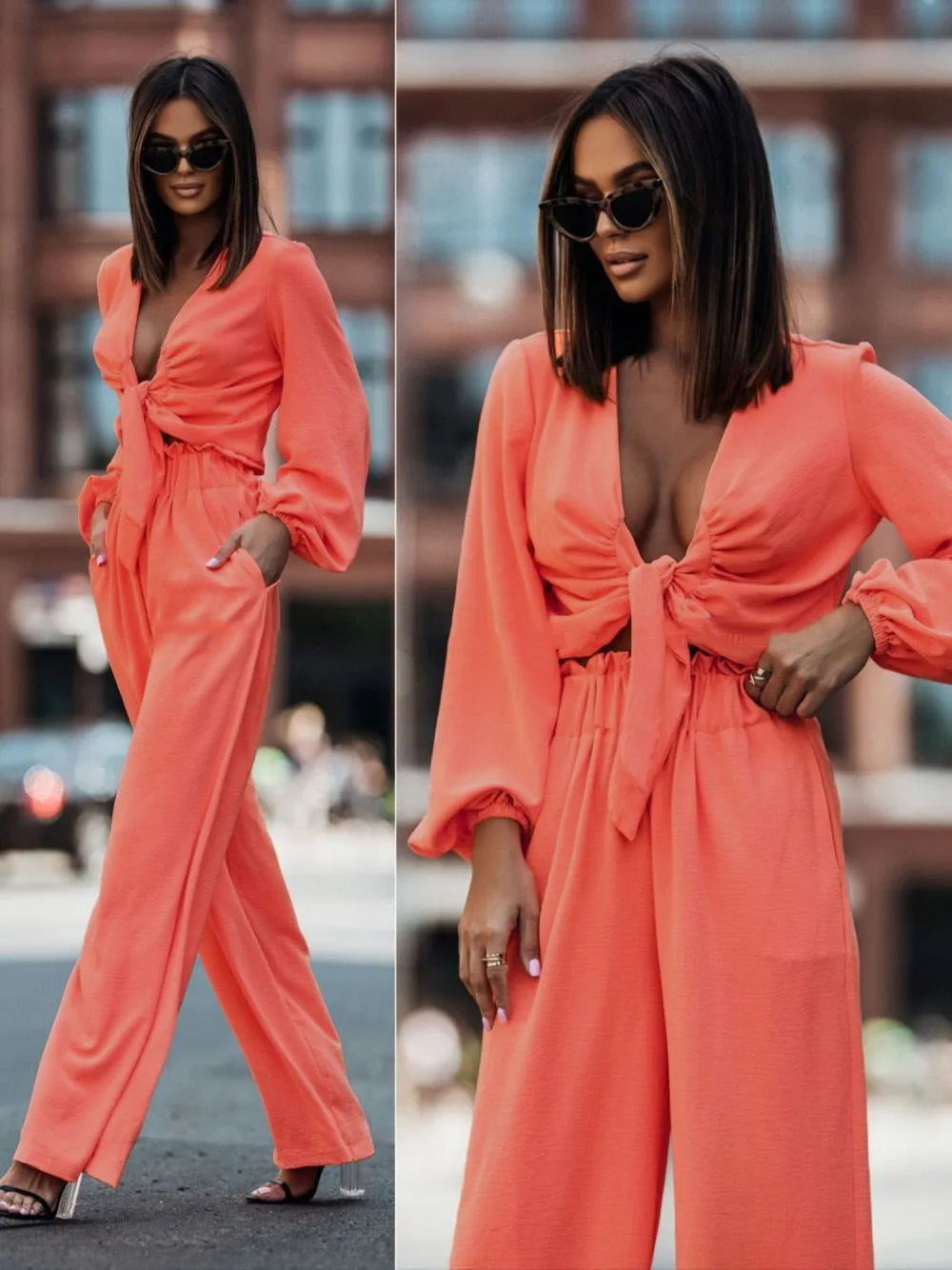 Boss Lady Solid Color Loose-fit Long Sleeve Tie Front Top & Pants