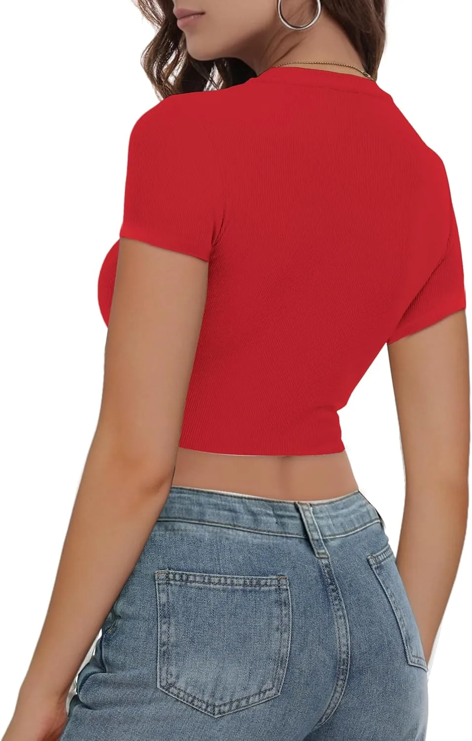 Buauty Women's Crop Tops Scoop Neck Tshirts Ribbed Shirts Short Sleeve Tees Fitted Basic Clothes Slim Tight Fit 2025