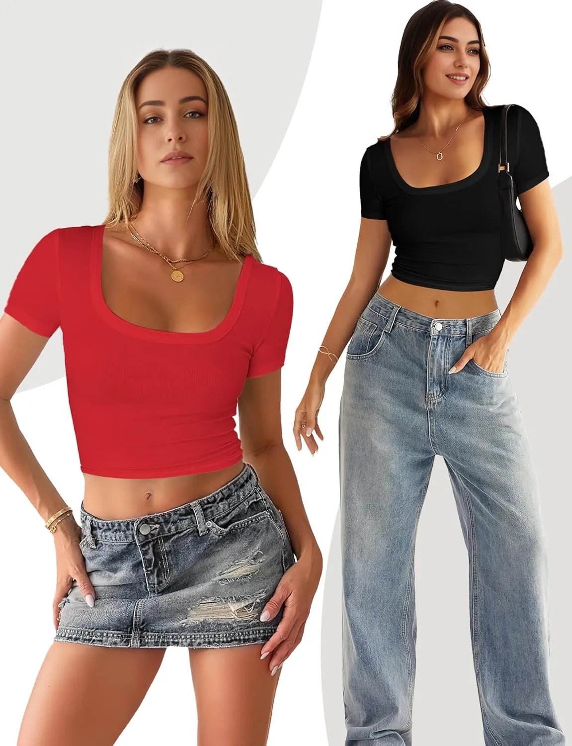 Buauty Women's Crop Tops Scoop Neck Tshirts Ribbed Shirts Short Sleeve Tees Fitted Basic Clothes Slim Tight Fit 2025