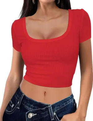 Buauty Women's Crop Tops Scoop Neck Tshirts Ribbed Shirts Short Sleeve Tees Fitted Basic Clothes Slim Tight Fit 2025