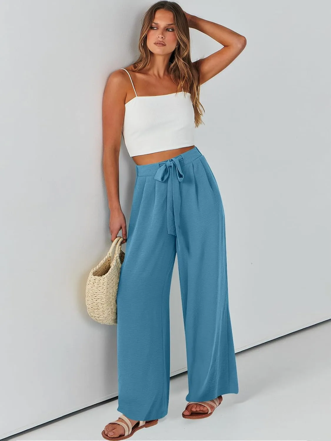 Caracilia Women Wide Leg Palazzo Pants Summer High Waist Flowy Casual Trousers Loose Lounge Beach Travel Vacation Clothes