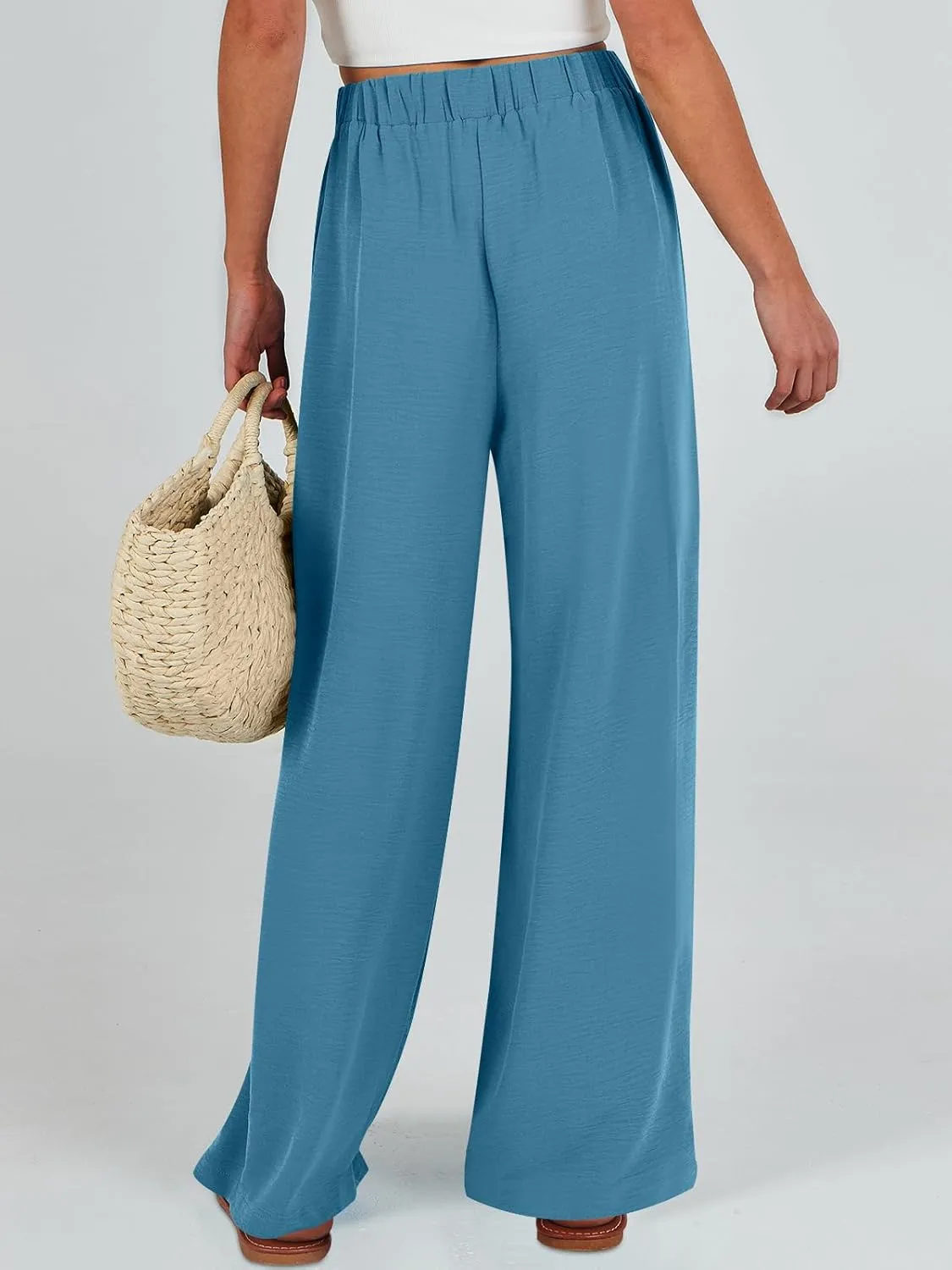 Caracilia Women Wide Leg Palazzo Pants Summer High Waist Flowy Casual Trousers Loose Lounge Beach Travel Vacation Clothes