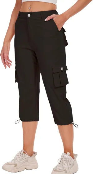 Cargo Capris for Women Hiking Pants Casual Summer Quick Dry Outdoor Travel Pull On Capri with 6 Pockets Black M