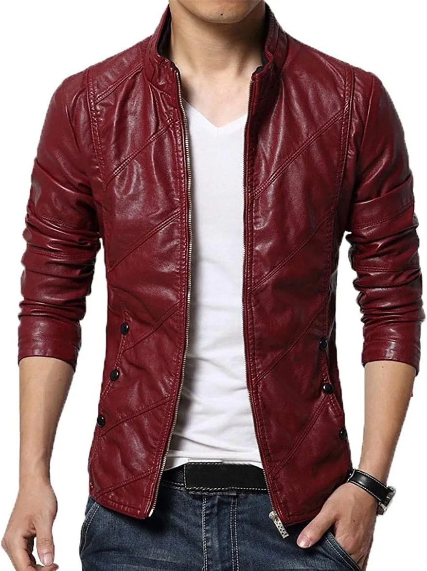 chouyatou Men's Cool Stylish Slim Fit Stand Collar Lightweight Bomber Faux Leather Jacket Coat