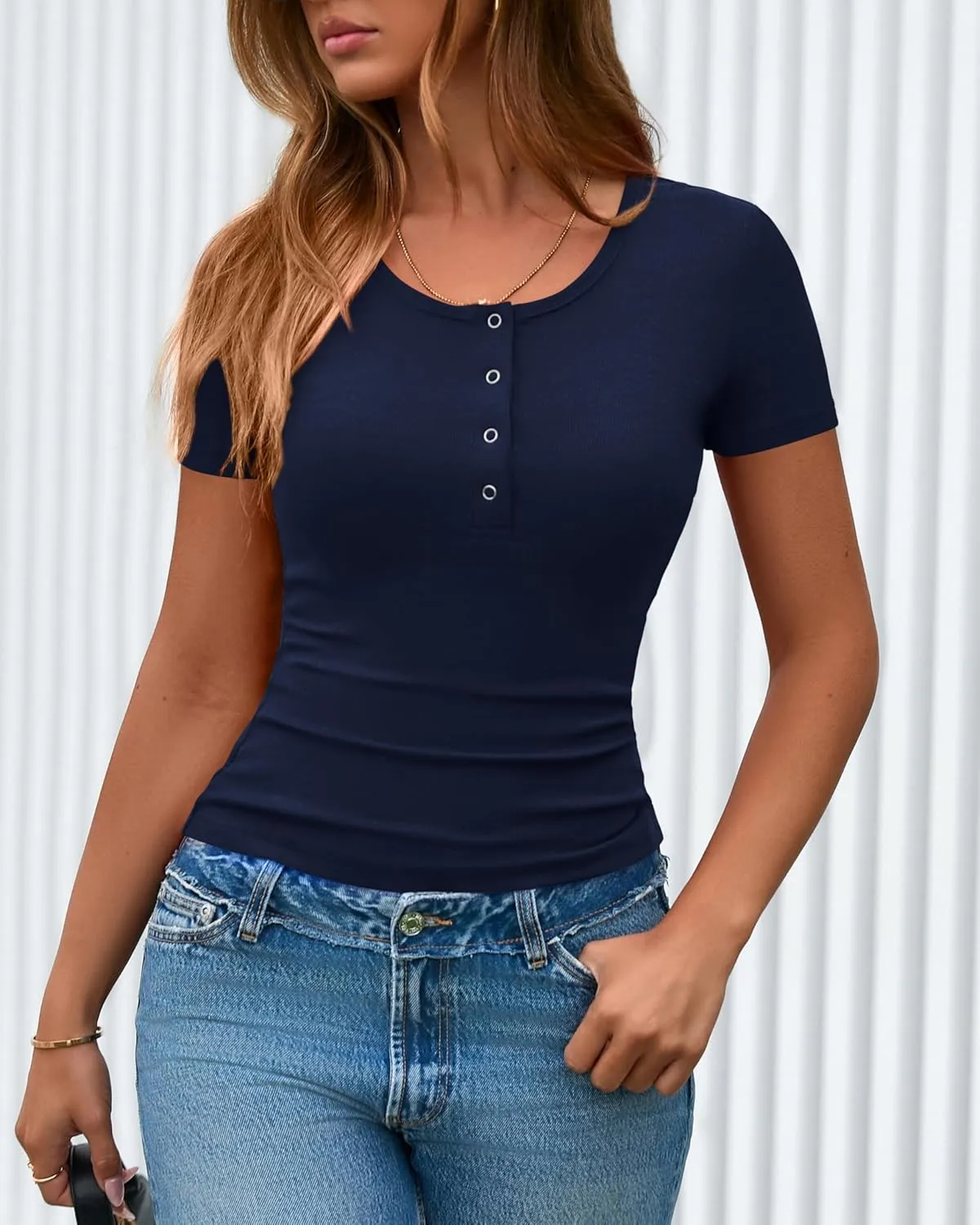 dowerme Women Spring Tops 2025 Short Sleeve Button Up Henley Shirts Slim Fit Ribbed Knit Basic Tee Summer Casual T Shirt