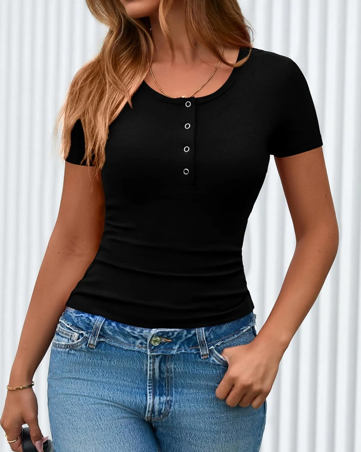 dowerme Women Spring Tops 2025 Short Sleeve Button Up Henley Shirts Slim Fit Ribbed Knit Basic Tee Summer Casual T Shirt