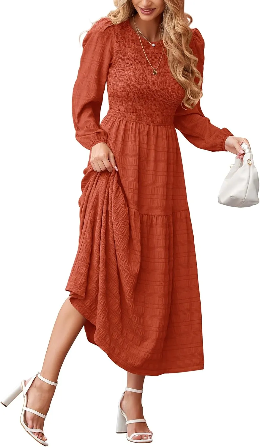 dowerme Women's Spring Dresses 2025 Long Sleeve Crewneck Smocked Tiered Flowy Boho Maxi Sundress Beach Vacation Clothes