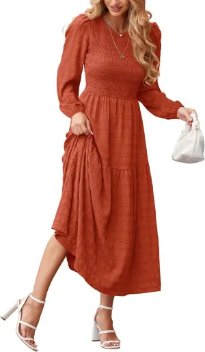 dowerme Women's Spring Dresses 2025 Long Sleeve Crewneck Smocked Tiered Flowy Boho Maxi Sundress Beach Vacation Clothes