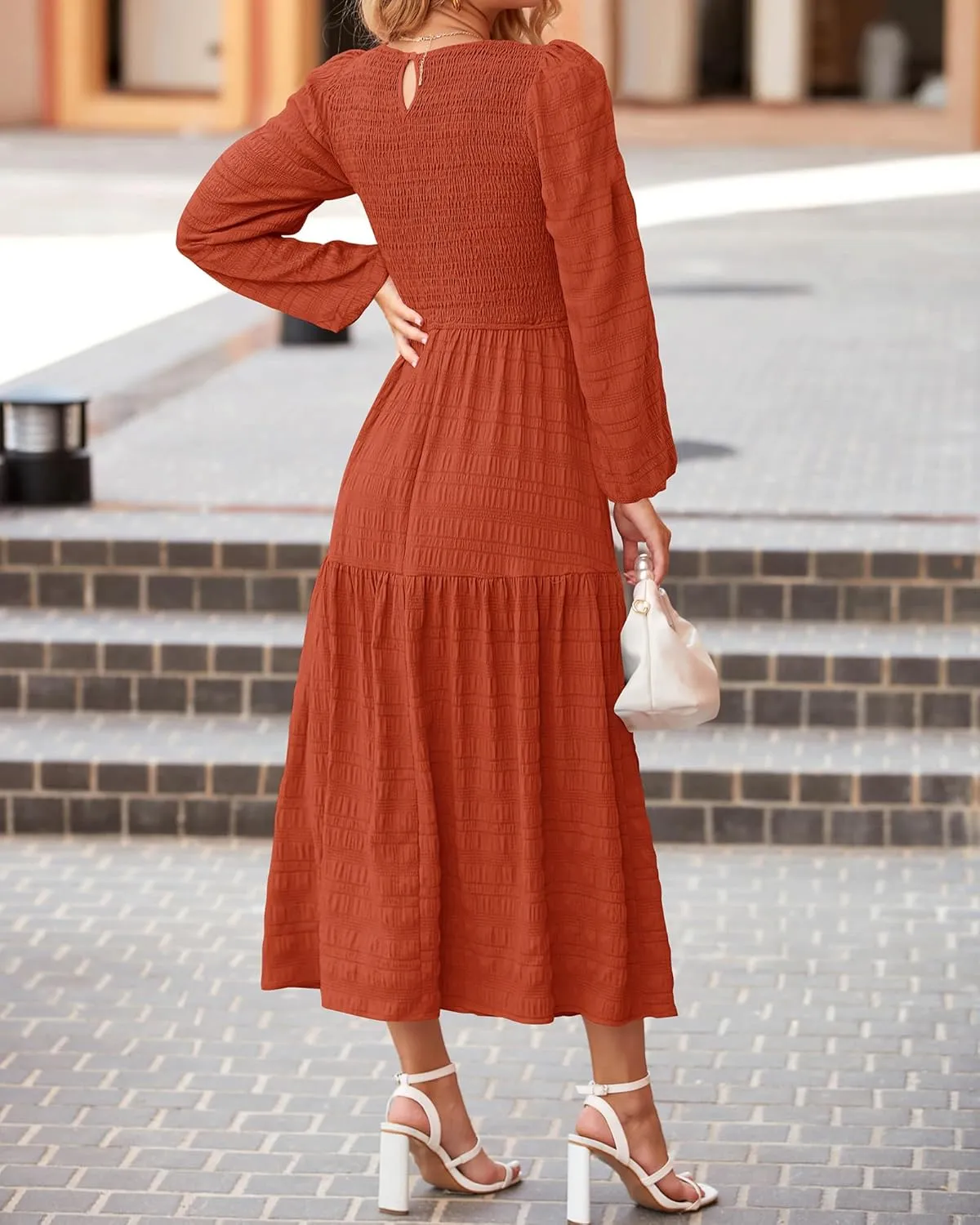 dowerme Women's Spring Dresses 2025 Long Sleeve Crewneck Smocked Tiered Flowy Boho Maxi Sundress Beach Vacation Clothes
