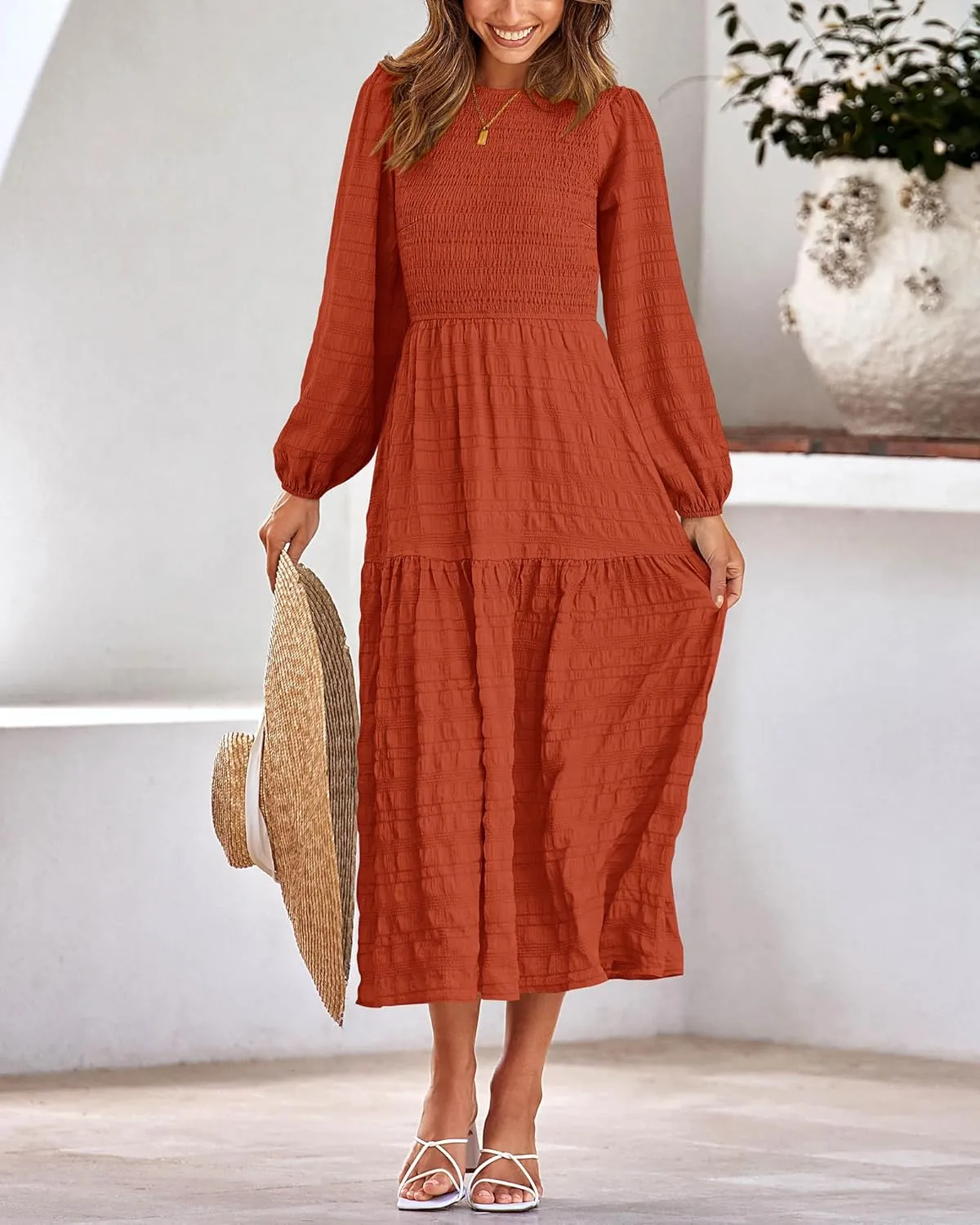 dowerme Women's Spring Dresses 2025 Long Sleeve Crewneck Smocked Tiered Flowy Boho Maxi Sundress Beach Vacation Clothes