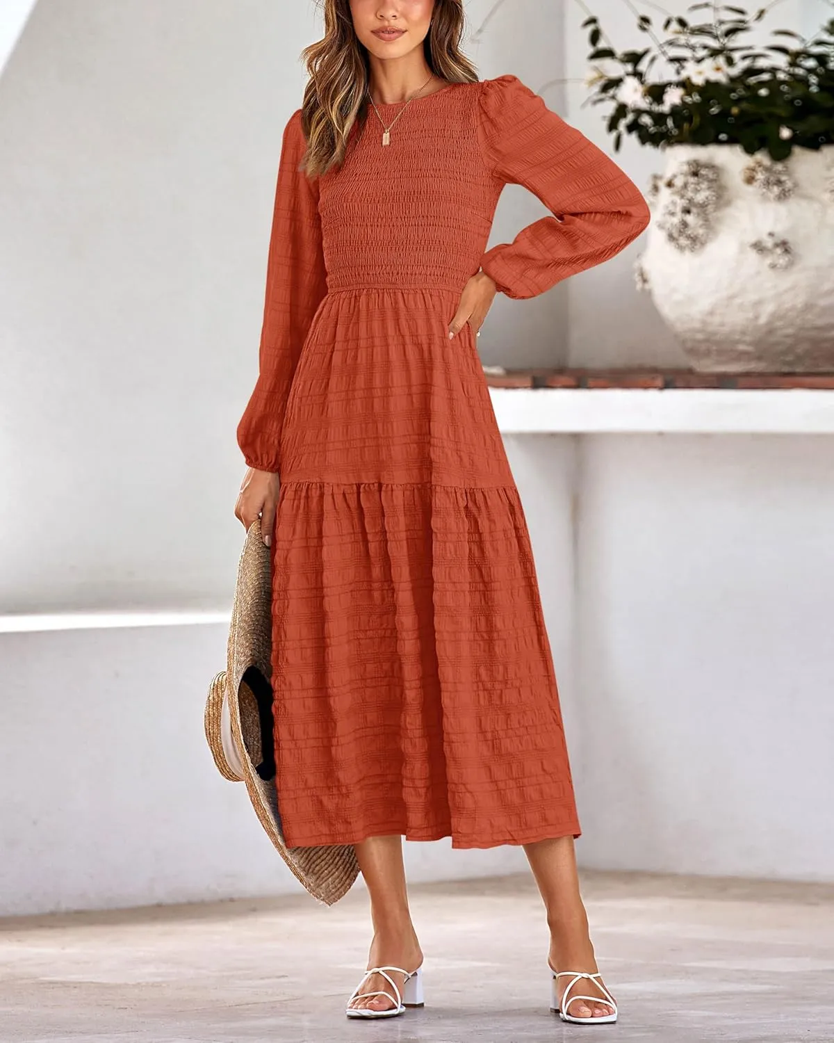 dowerme Women's Spring Dresses 2025 Long Sleeve Crewneck Smocked Tiered Flowy Boho Maxi Sundress Beach Vacation Clothes