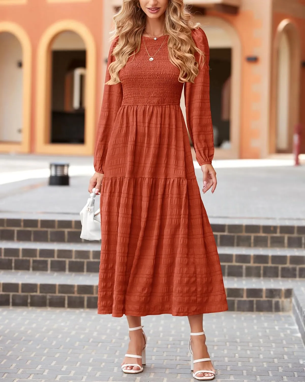 dowerme Women's Spring Dresses 2025 Long Sleeve Crewneck Smocked Tiered Flowy Boho Maxi Sundress Beach Vacation Clothes