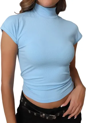 Dwnval Womens Fashion Mock Turtle Neck Short Sleeve Shirts Slim Fit Ribbed Knited Tops 2025 Spring Summer