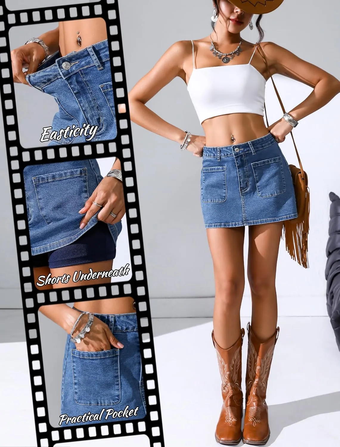 Eddoyee Jean Skorts for Woman High Waisted Stretchy Denim Skirt with Shorts Mini Skirt with Pockets