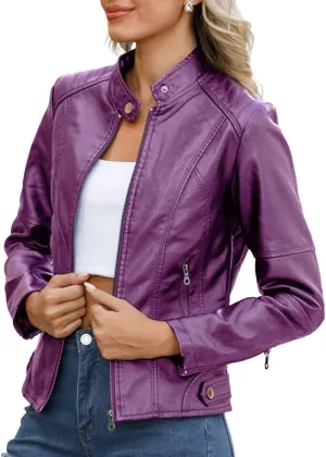 ELFTOWN Women's Zip Up Stand Collar Faux Leather Jacket Fitted Slim Fit Moto Biker Jacket Plus Size with Pockets