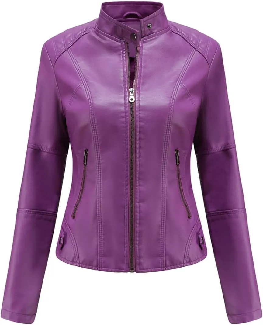 ELFTOWN Women's Zip Up Stand Collar Faux Leather Jacket Fitted Slim Fit Moto Biker Jacket Plus Size with Pockets