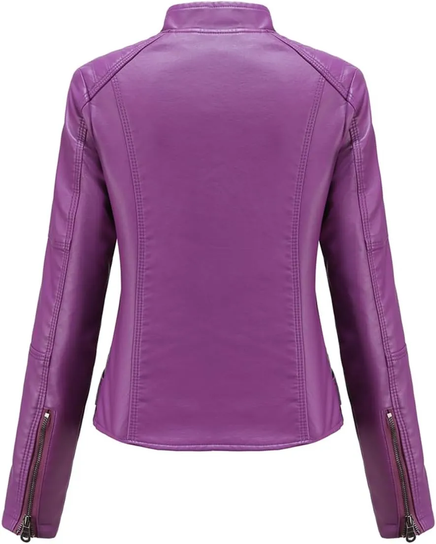 ELFTOWN Women's Zip Up Stand Collar Faux Leather Jacket Fitted Slim Fit Moto Biker Jacket Plus Size with Pockets