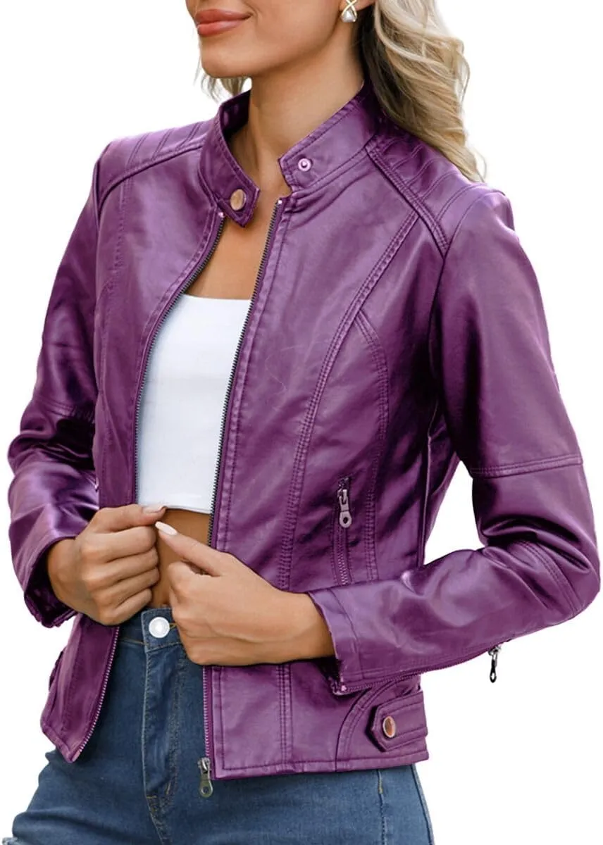 ELFTOWN Women's Zip Up Stand Collar Faux Leather Jacket Fitted Slim Fit Moto Biker Jacket Plus Size with Pockets