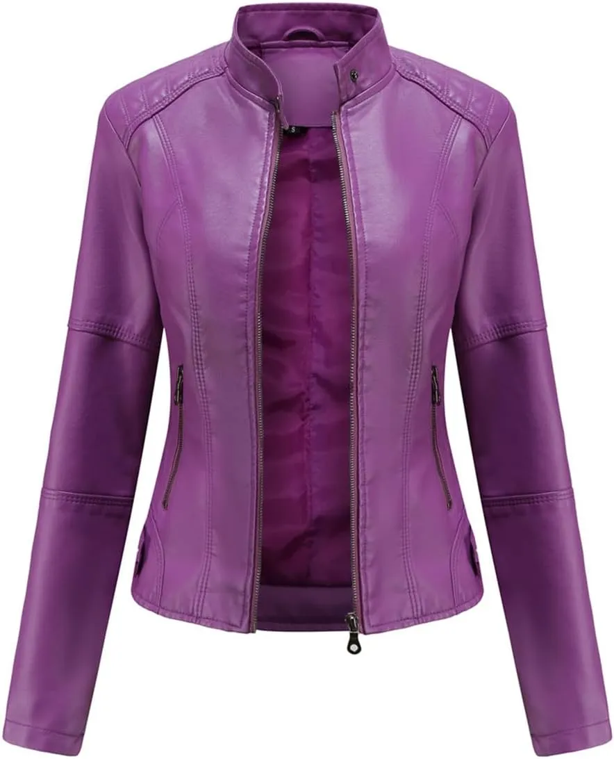 ELFTOWN Women's Zip Up Stand Collar Faux Leather Jacket Fitted Slim Fit Moto Biker Jacket Plus Size with Pockets