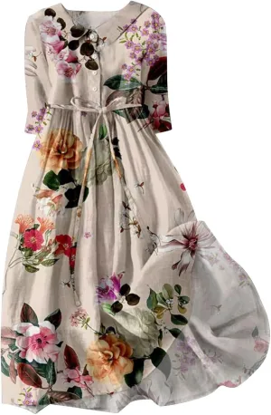 Floral Pattern Dresses for Women 2025 Maxi Button Down Plus Size A Line Dress Trendy 3/4 Sleeve Dress Summer Dresses