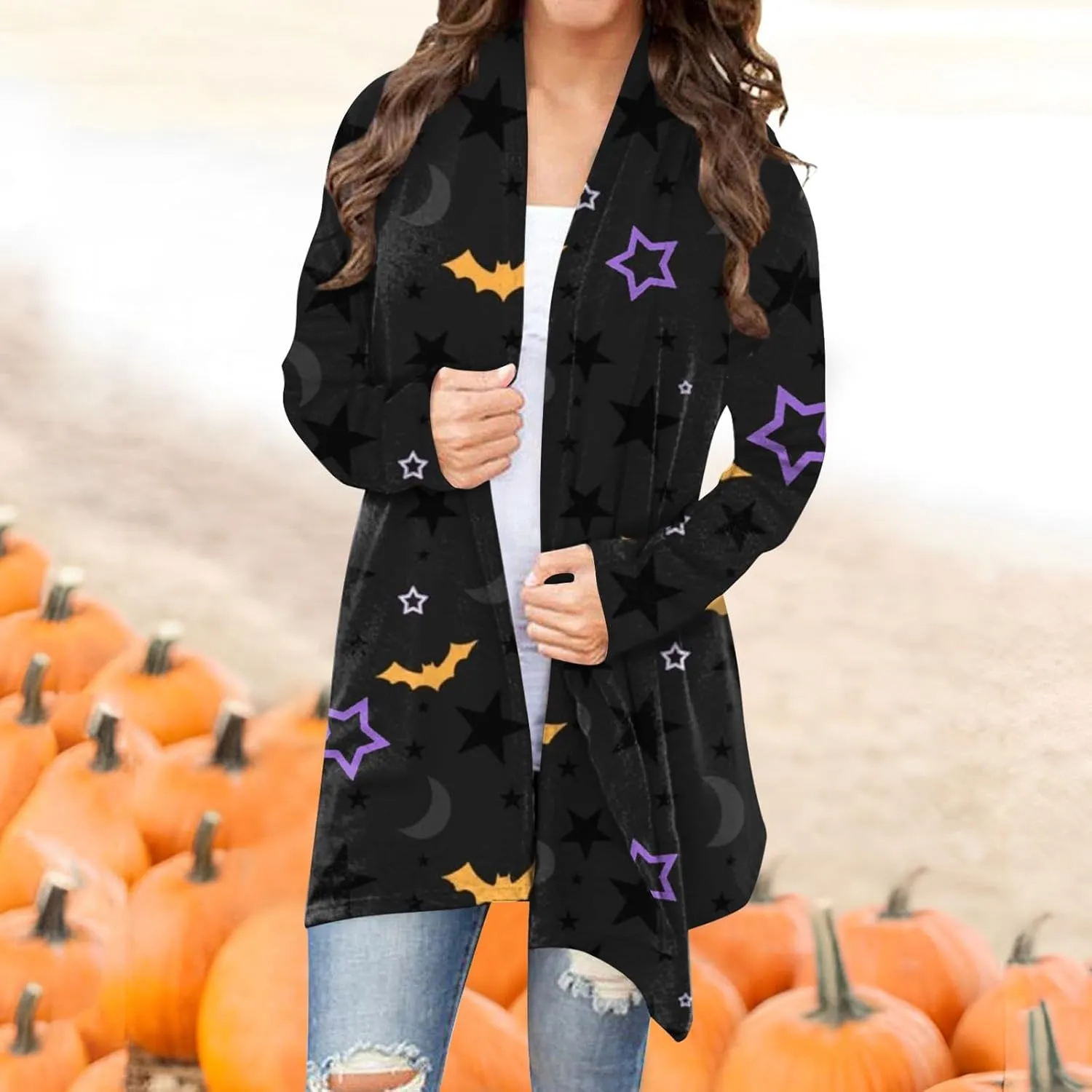 Halloween Cardigan Lightweight Long Sleeve Open Front Halloween Printed Oversized Cardigans for Women Fall Cardigan