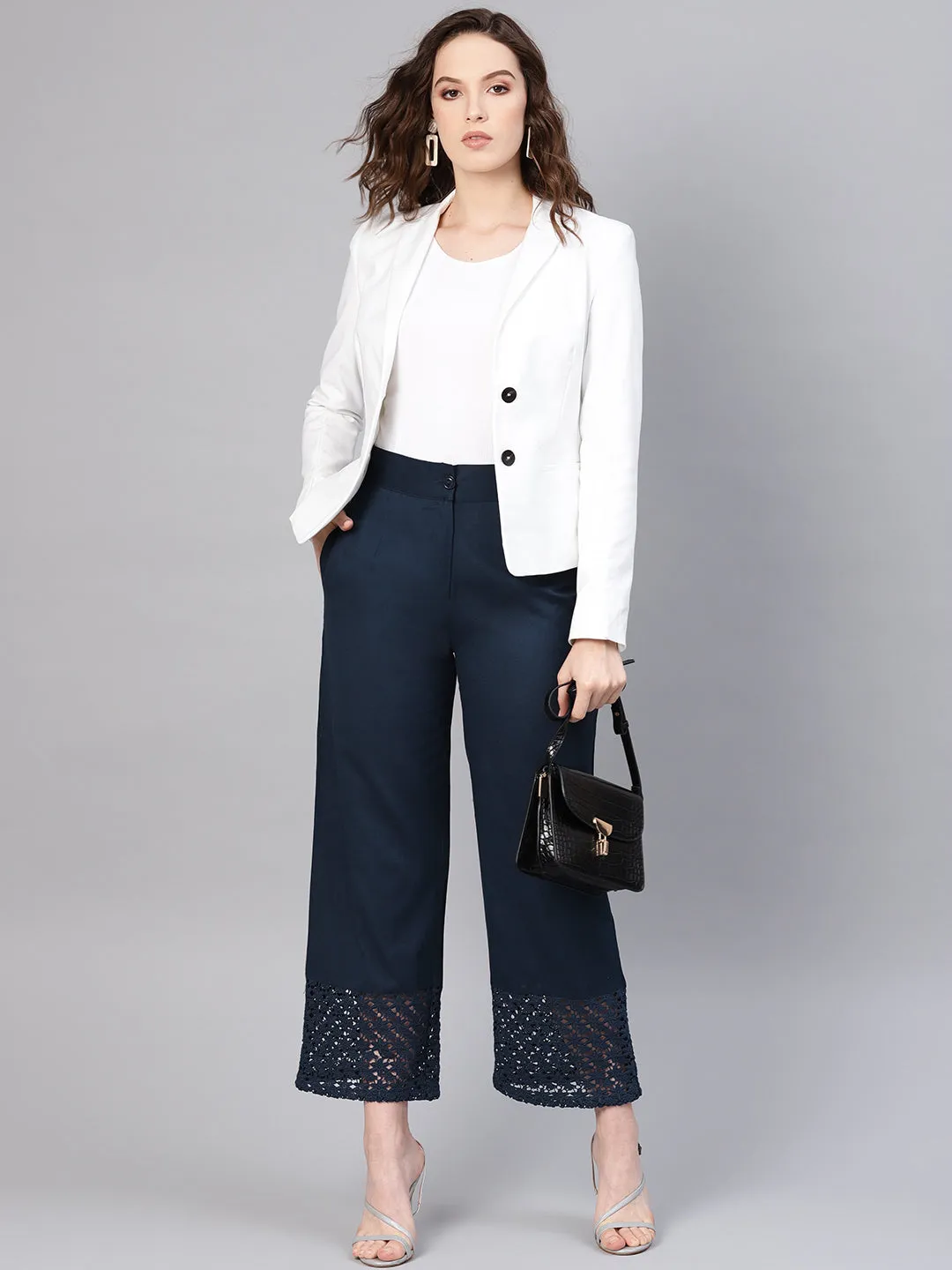 Jashvi Navy Blue Cotton Flex Solid Wide Leg Women Palazzo With One Pocket