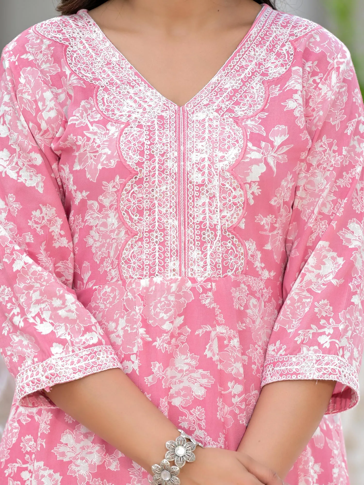 Jashvi Pink Floral Printed Rayon Kurta, Pant And Dupatta Set With Thread & Sequins Work
