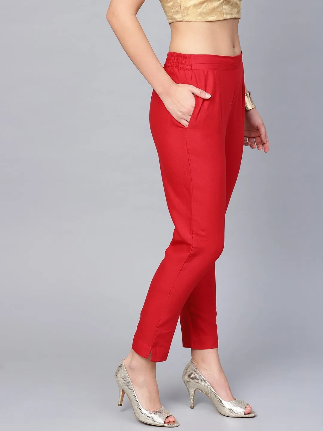 Jashvi Red Solid Cotton Flex Slim Fit Women Pants With Two Pockets