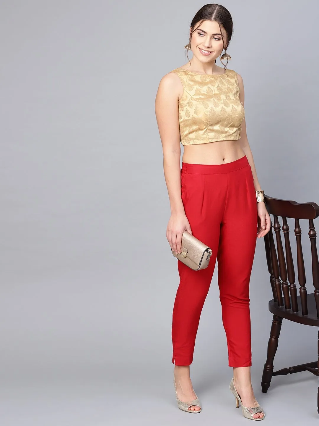 Jashvi Red Solid Cotton Flex Slim Fit Women Pants With Two Pockets
