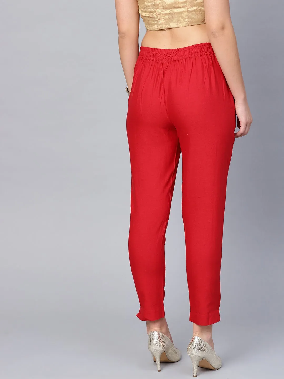 Jashvi Red Solid Cotton Flex Slim Fit Women Pants With Two Pockets