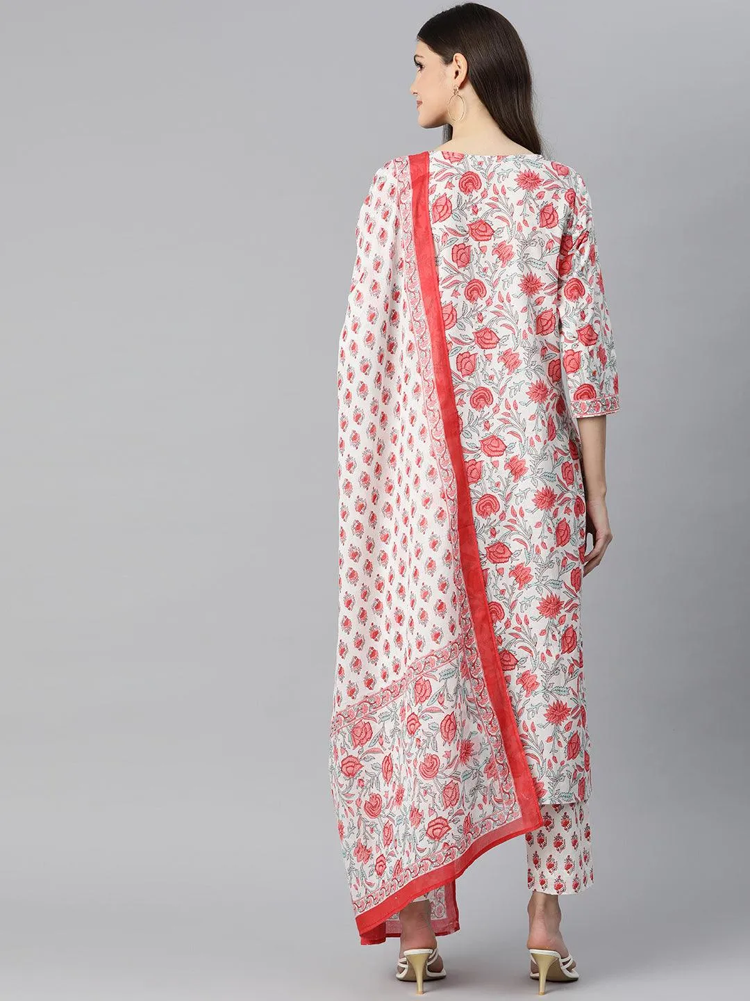 Jashvi White Floral Printed Kurta Pant Set with Dupatta