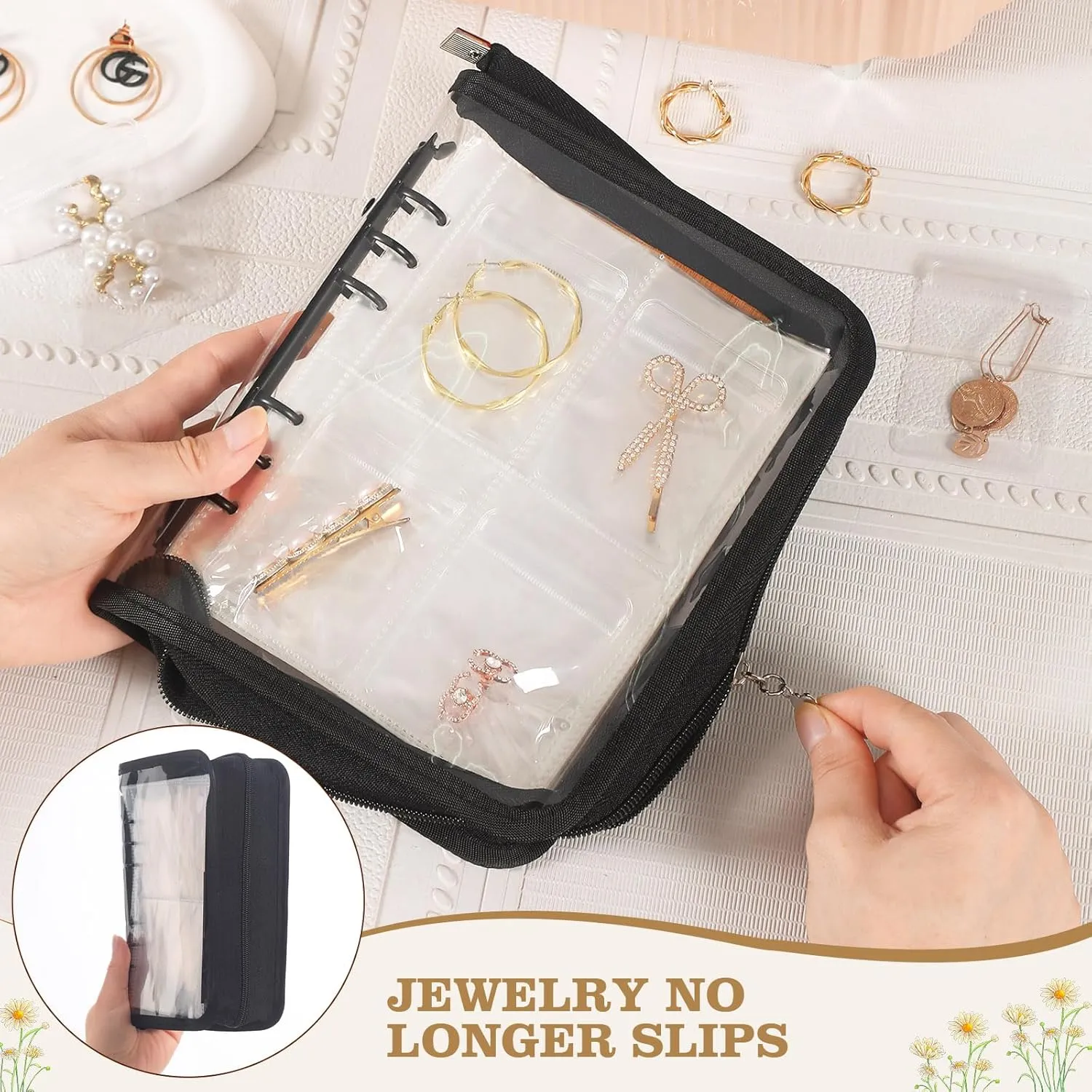 Jewelry Storage Book Organizer - Transparent Earring Binder for Necklace, Ring Travel - Black, 80 Pcs Pouches