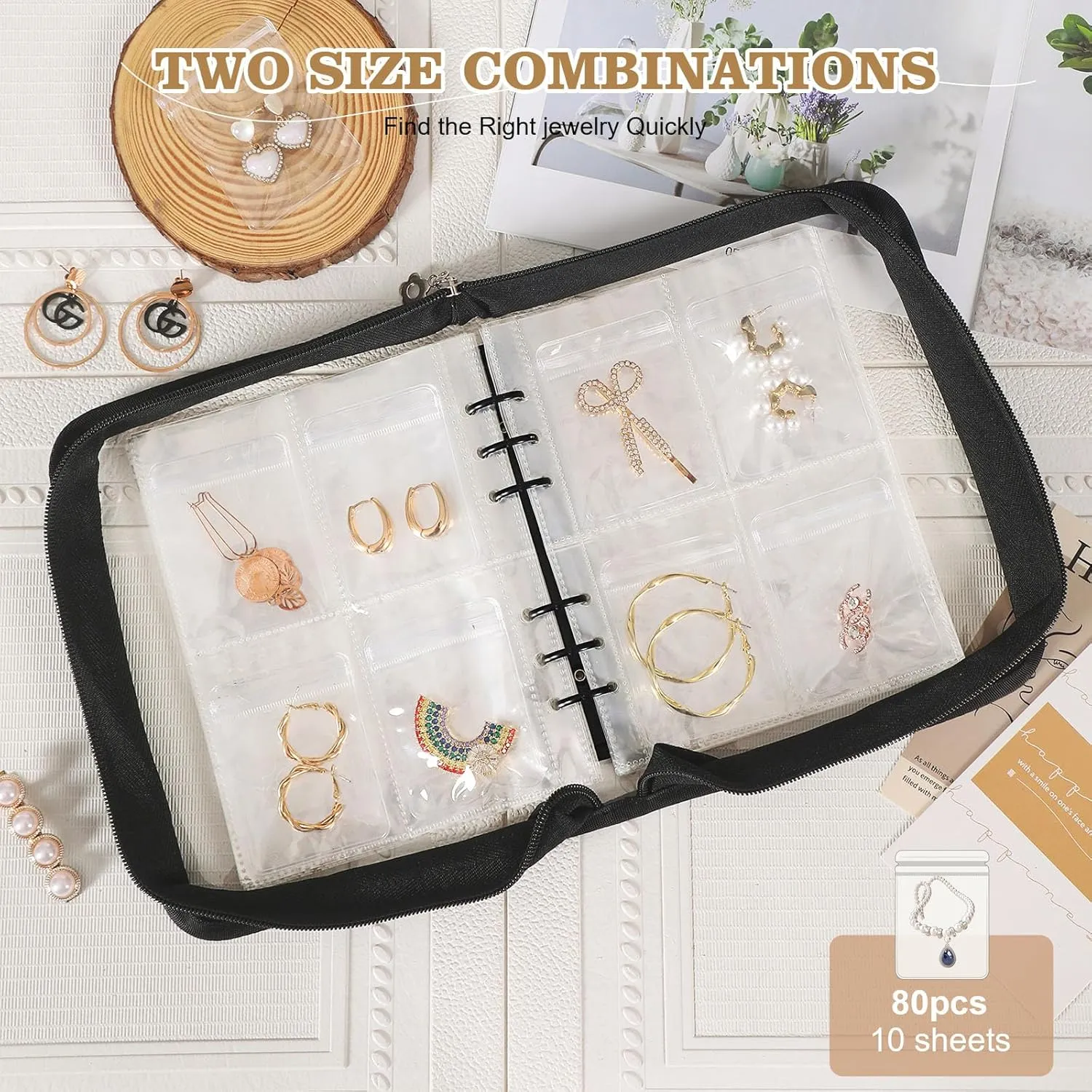 Jewelry Storage Book Organizer - Transparent Earring Binder for Necklace, Ring Travel - Black, 80 Pcs Pouches