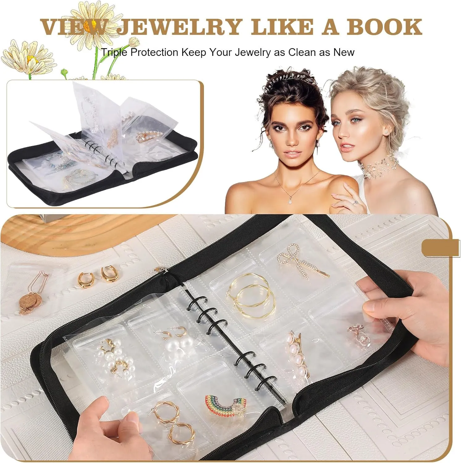 Jewelry Storage Book Organizer - Transparent Earring Binder for Necklace, Ring Travel - Black, 80 Pcs Pouches