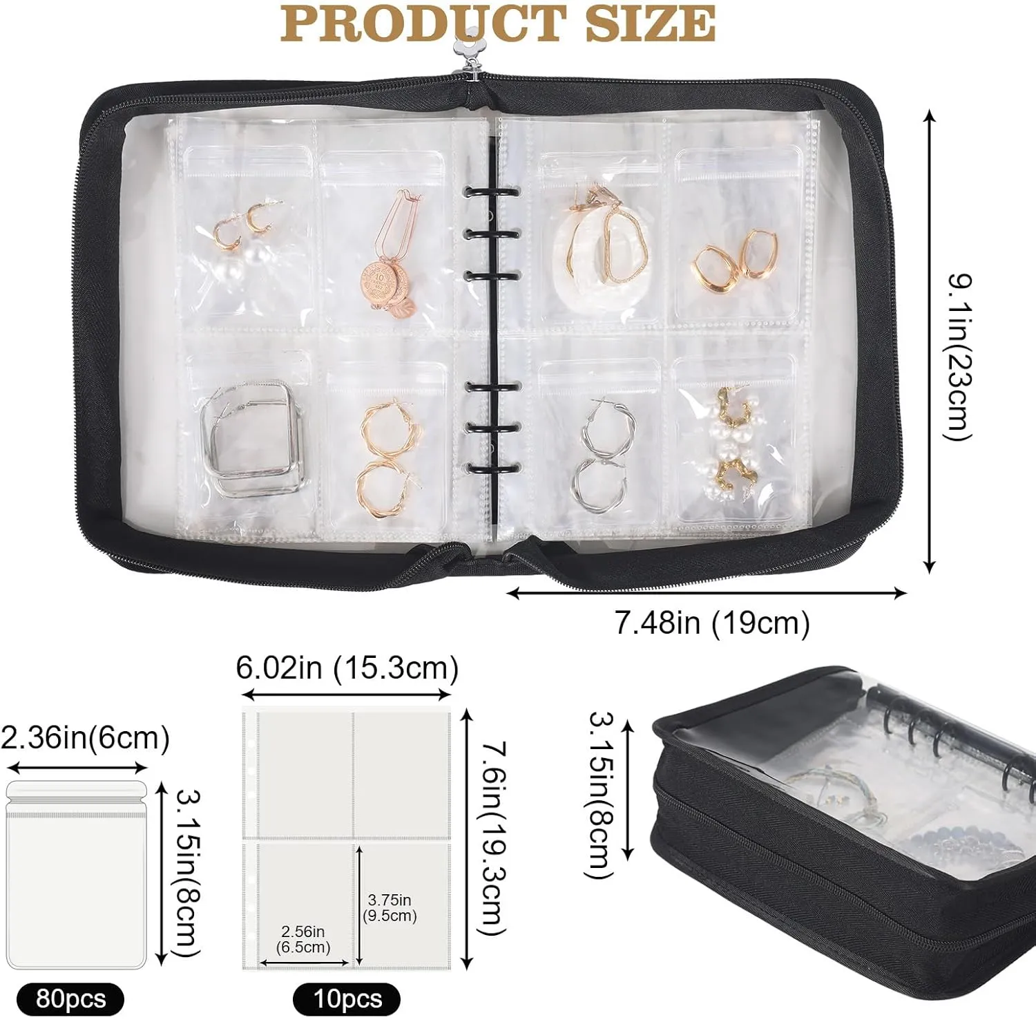 Jewelry Storage Book Organizer - Transparent Earring Binder for Necklace, Ring Travel - Black, 80 Pcs Pouches