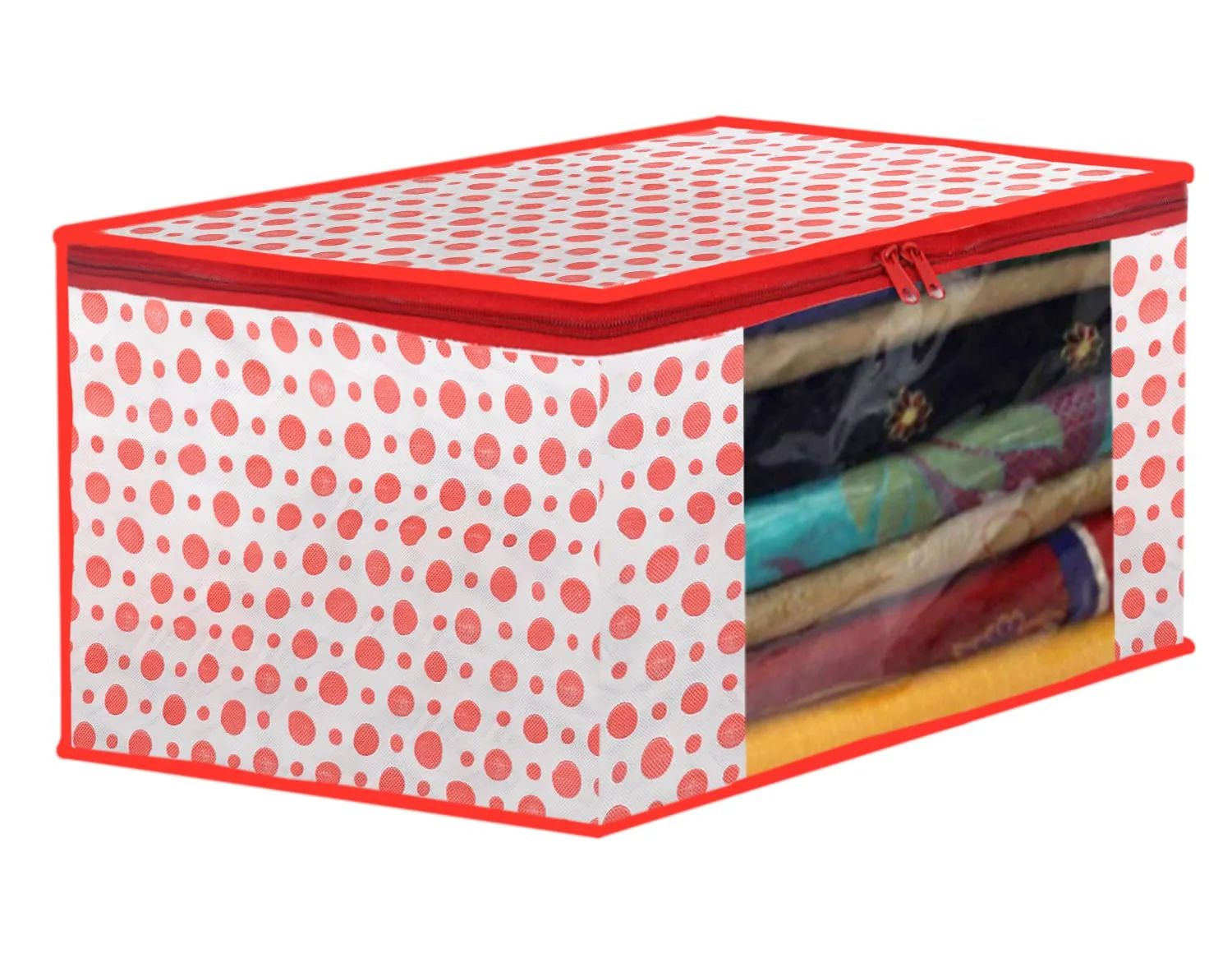 Kuber Industries Dot Printed Non-Woven Saree Cover, Cloth Organizer, Wardrobe Organiser With Tranasparent Window- Pack of 3 (Pink)-46KM0480